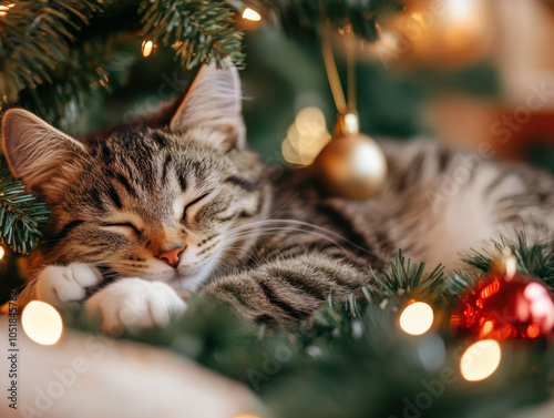 Cozy cat sleeping under christmas tree with festive lights and ornaments