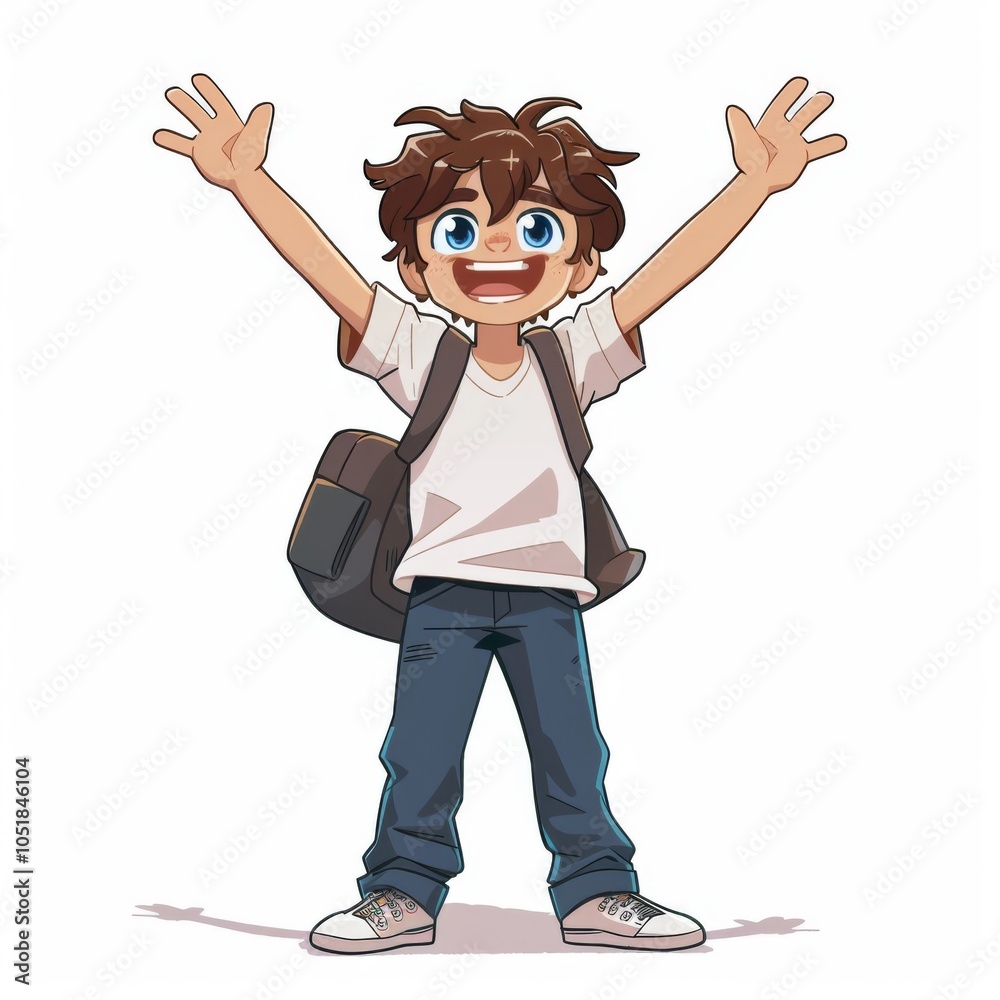 Fototapeta premium A boy cartoon character with brown hair and a jacket stands with a backpack, waving cheerfully. 