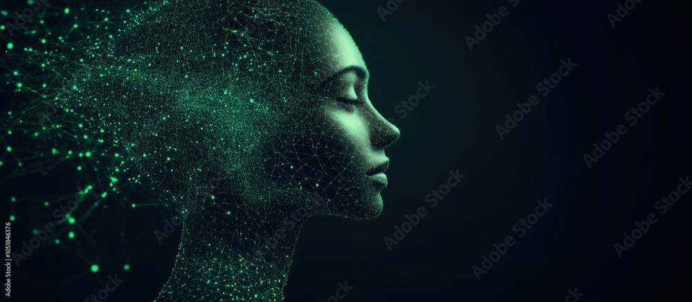 Digital human silhouette with network connections, glowing particles, abstract art Digital human silhouette with network connections, glowing particles, abstract art