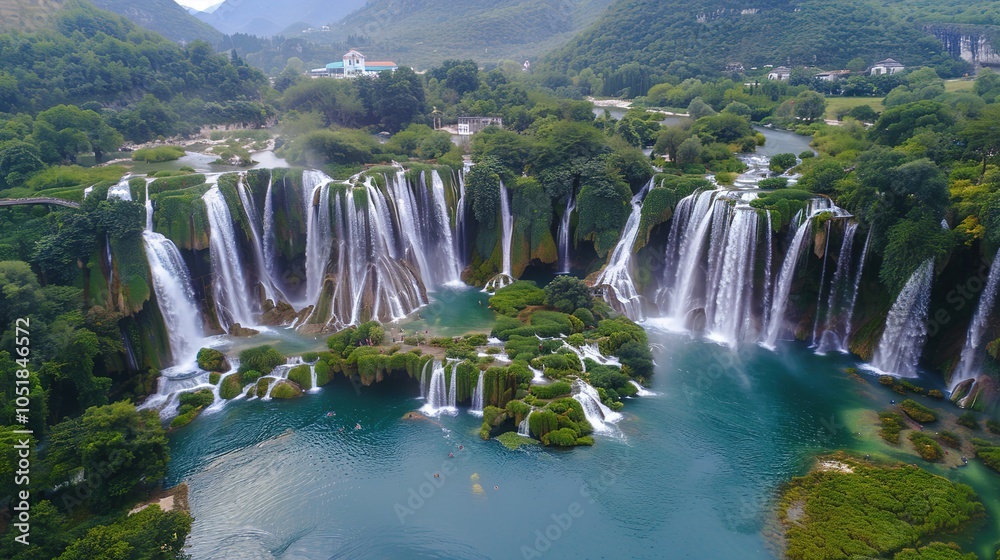 Fototapeta premium National Clear Waterfall Scenery - a majestic and refreshing visual. The national clear waterfall scenery presents a stunning and awe-inspiring natural scene, with the cascading waters creating a beau