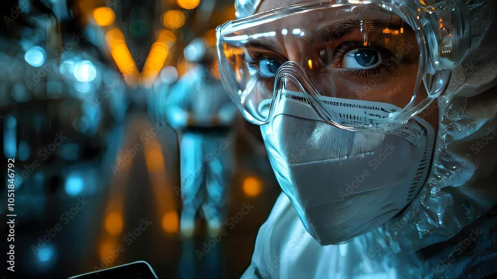 Close-up of a scientist in protective gear, focusing on safety and precision in a high-tech research lab environment Close-up of a scientist in protective gear, focusing on safety and precision in a high-tech research lab environment