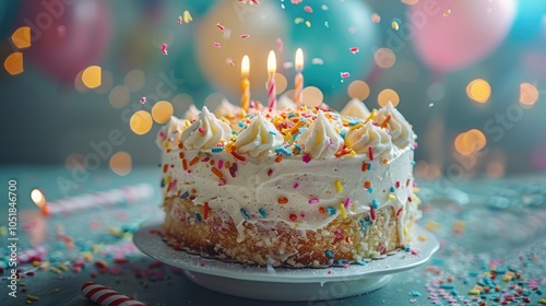 A beautifully decorated cake with candles and colorful sprinkles, set against a festive backdrop of balloons and soft lights.