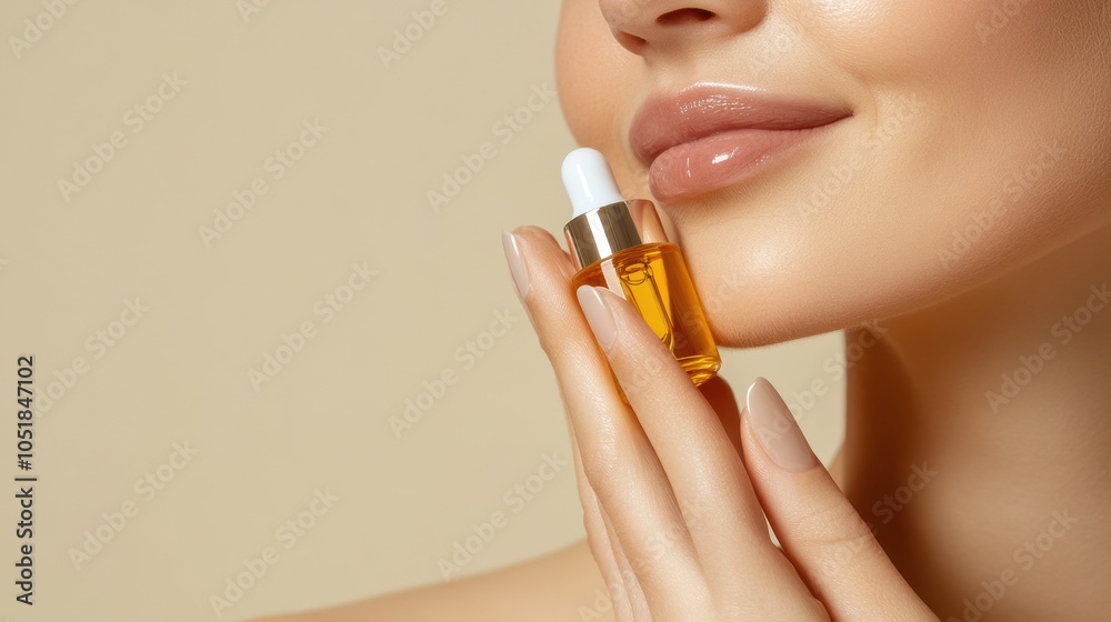 Fototapeta premium Woman holding a small bottle of facial serum against her cheek, AI
