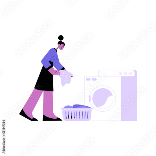 Female Character Doing Laundry With Washing Machine And Basket In Flat Vector Illustration Symbolizing Household Chores, Laundry Service, And Cleanliness, Isolated On White Background.