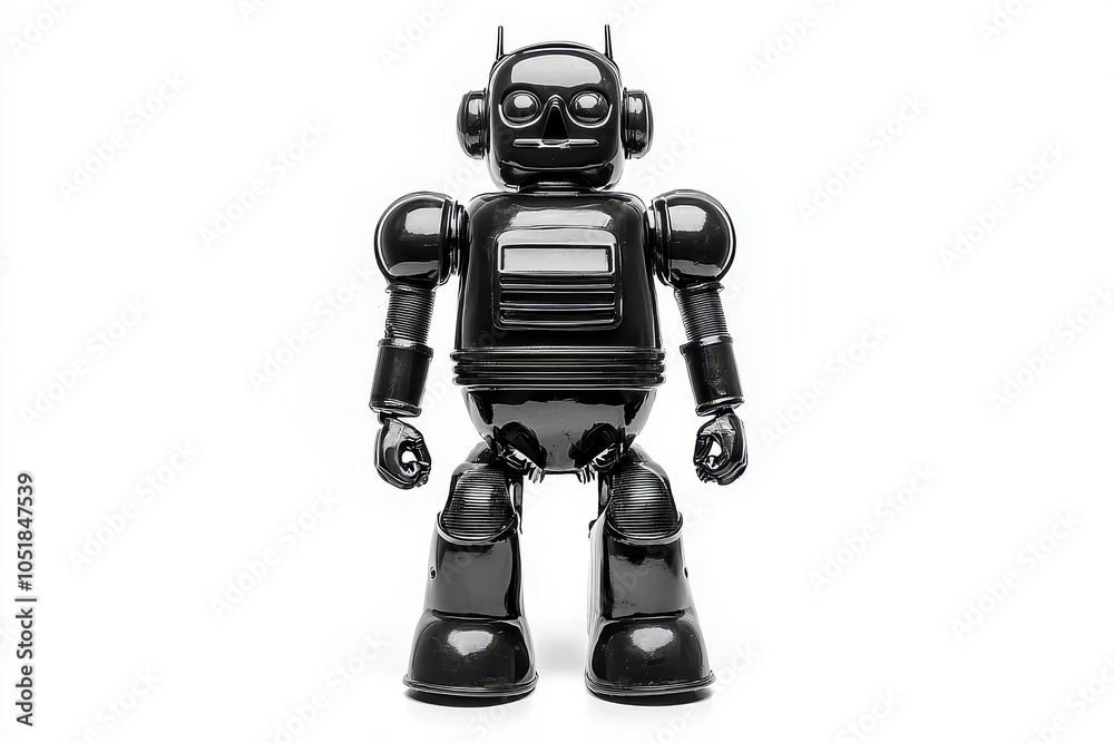 Shiny black retro-futuristic robot isolated against a white background, embodying vintage sci-fi and robotic aesthetics. Perfect for themes of technology, nostalgia, and robotics art. Shiny black retro-futuristic robot isolated against a white background, embodying vintage sci-fi and robotic aesthetics. Perfect for themes of technology, nostalgia, and robotics art.