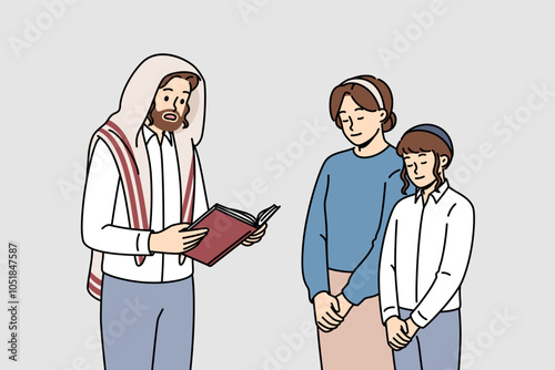 Religious jewish man reads torah to wife and son on eve of hanukkah or passover. Jewish family of father and mother together with child reading prayer and prophecies from holy book