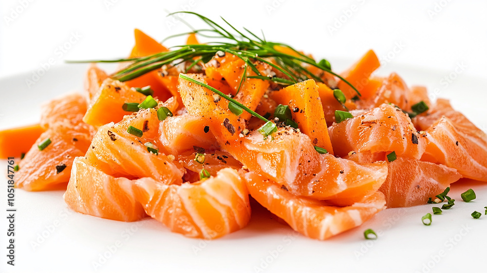 Spicy Salmon Crudo and Carrots isolated on white background Spicy Salmon Crudo and Carrots isolated on white background