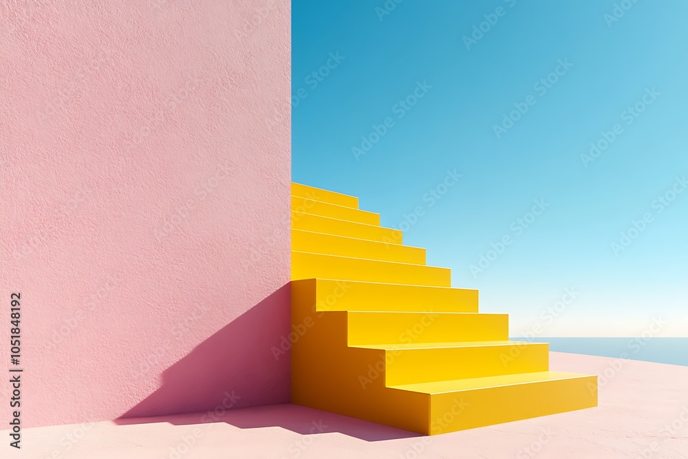 Abstract pastel-colored background featuring blue and pink stairs in a 3D render. The scene resembles a fashion podium with minimalist architectural blocks, serving as design elements. Abstract pastel-colored background featuring blue and pink stairs in a 3D render. The scene resembles a fashion podium with minimalist architectural blocks, serving as design elements.