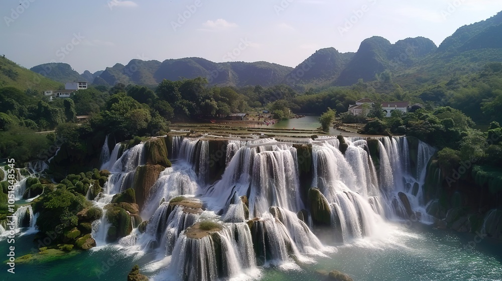 Fototapeta premium National Clear Waterfall Scenery - a majestic and refreshing visual. The national clear waterfall scenery presents a stunning and awe-inspiring natural scene, with the cascading waters creating a beau