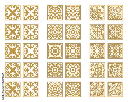 Vector Set of different gold ornaments in Kazakh style isolated on a white background. Square decor in two variant the positive and negative. Elements of the national pattern of the ancient nomads