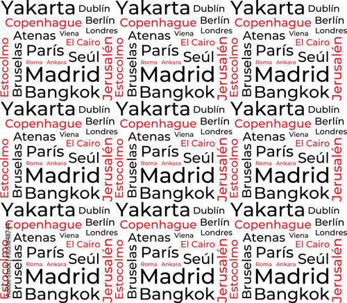 Plantilla de nube de palabras sobre ciudades en español. Fondo vectorial conceptual