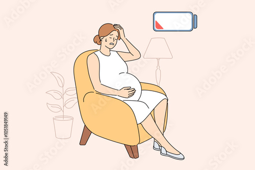 Pregnant woman feels beginning of contractions and end of strength, sitting in home chair
