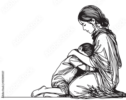 Abstract mother with a child in continuous one line drawing art style, Modern vector illustration, sketch