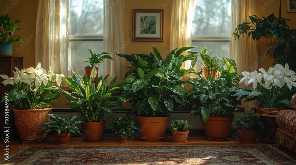 A Collection of Potted Plants in a Sunlit Room A Collection of Potted Plants in a Sunlit Room