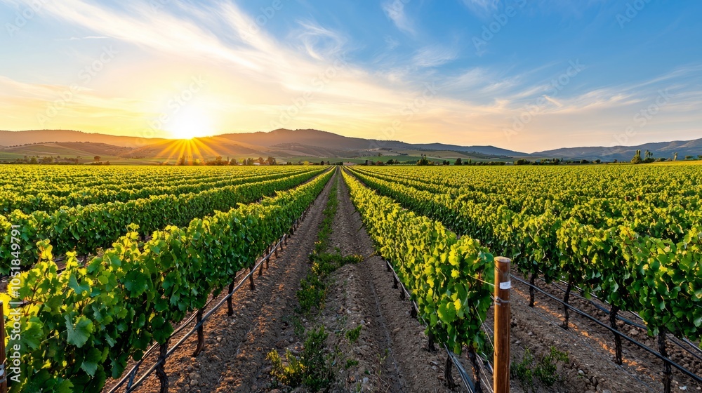 Obraz premium A scenic vineyard at sunset, with rows of lush grapevines stretching towards the horizon under a colorful sky.
