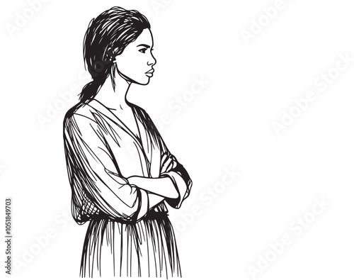 women in linen dress, vector sketch