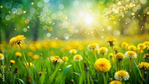 Beautiful Meadow Field with Dandelions and Bokeh Effect under a Blue Sky