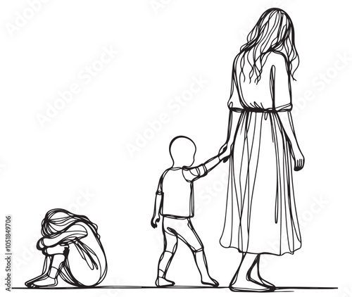 Mother with two crying children. Sketch. Motherhood