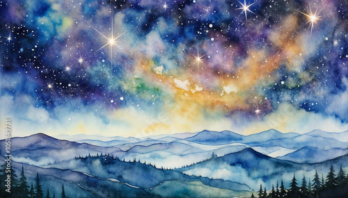 wunderschöner Sternenhimmel über einer bergigen Landschaft in aquarell	 photo