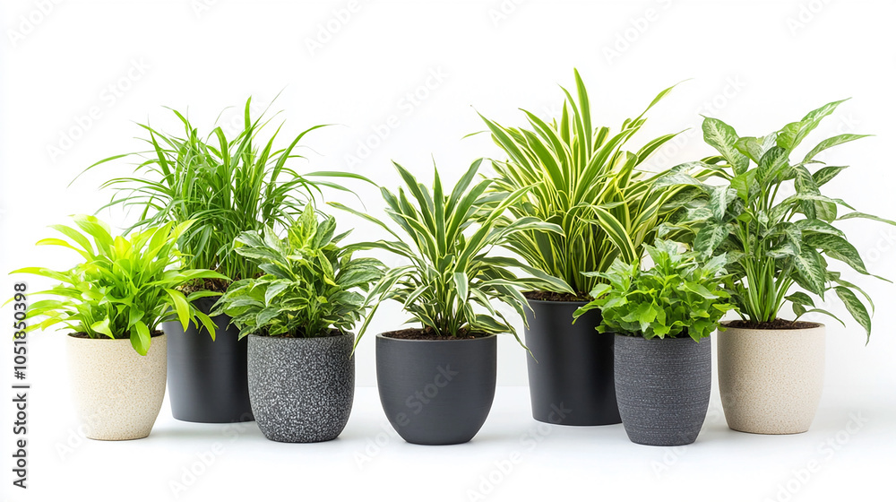 Obraz premium Spider plant in a pot collection isolated on white background