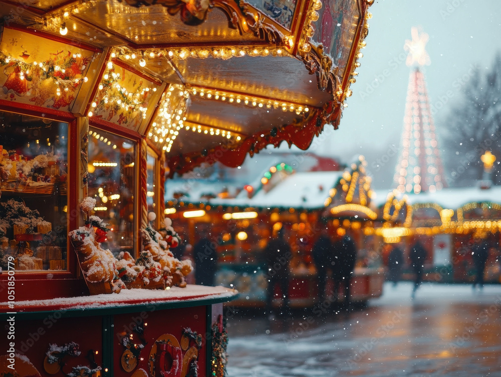 Fototapeta premium Festive winter night at a christmas market with illuminated booths and decorations