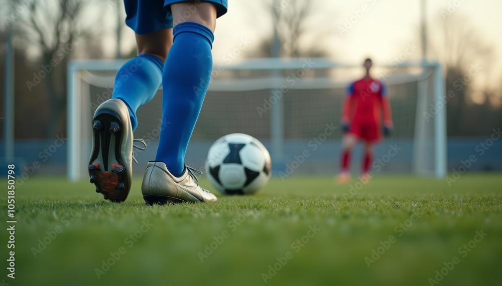 Obraz premium Soccer, player and ball on field for match or competition, athlete in uniform with focus on goal and teamwork in action. Green grass, sports footwear and summer day for outdoor fitness or training