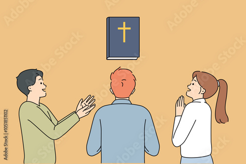 Holy bible near praying people enthusiastically looking at christian book with prayers