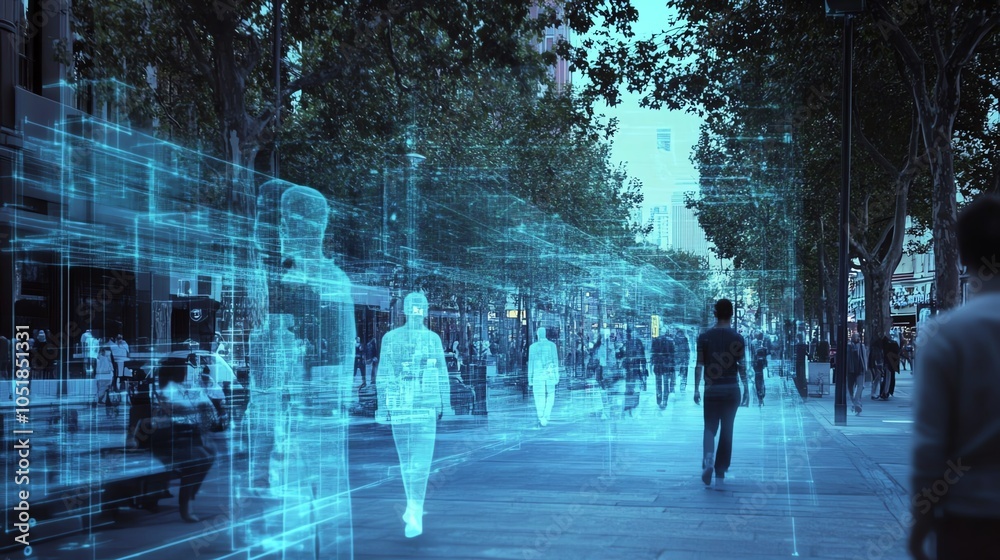 Obraz premium Futuristic street scene with digital figures