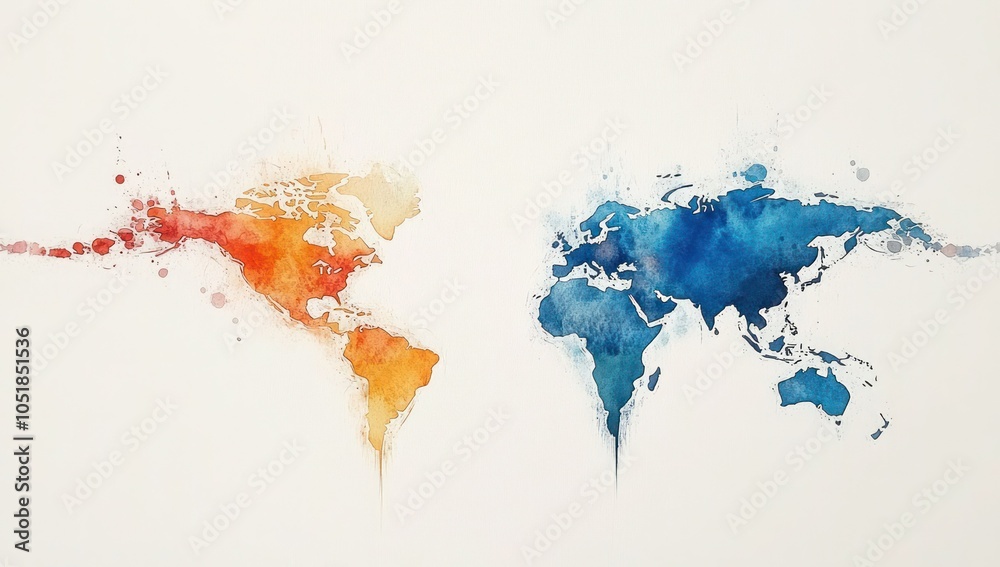 Fototapeta premium Global Connectivity: Watercolor Map Outlines with Colorful Splashes on White Background