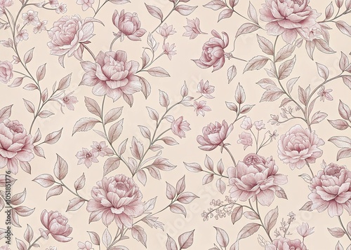 Seamless Floral Pattern with Pink Roses for Vintage Wallpaper Design