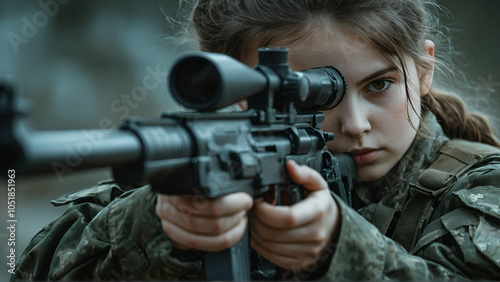 A girl in military uniform, with a modern rifle in her hands, takes aim