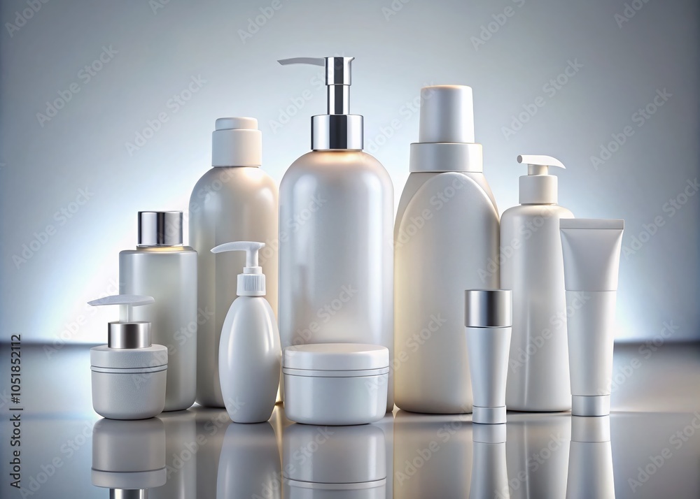 Blank White Cosmetic Bottles Mockup for Cream, Foam, and Shampoo on White Background with Clipping Path Blank White Cosmetic Bottles Mockup for Cream, Foam, and Shampoo on White Background with Clipping Path