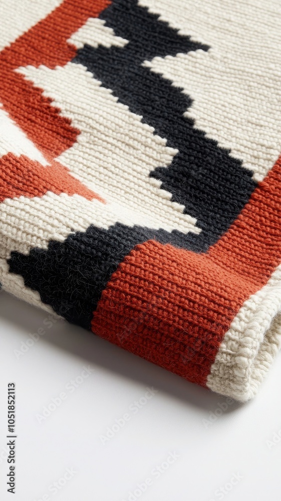Fototapeta premium Colorful woven rug with intricate pattern and textures on white isolated background.