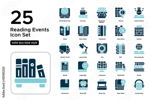 Reading Events Solid Duo Tone Icon Set: Story Time, Book Fairs, and Literature Celebration Icons