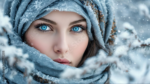 Beautiful Russian woman Blue eyes in headscarf on winter landscape background