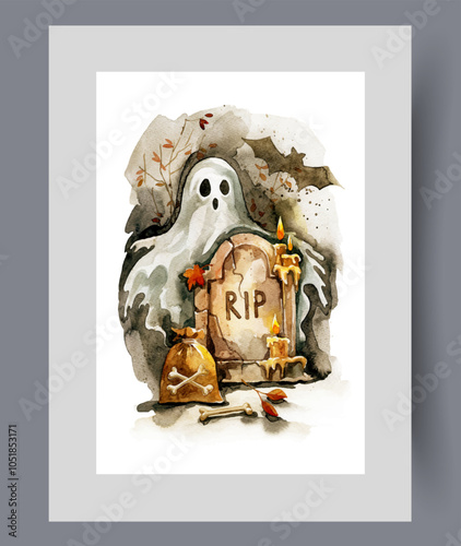 Halloween night with ghost and bat living near gravestone on wall art. Watercolor artwork. Print with monsters awakening on eve of Halloween to create creepy atmosphere, in frame with decor for poster