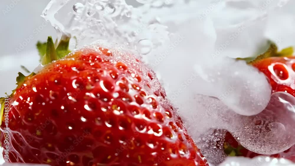 An extreme closeup fresh strawberries glistening layer white ice liquid artfully arranged dry surrounded smoke beautifully detailed 4K footage yogurt strawberry whitening ng background food fruit