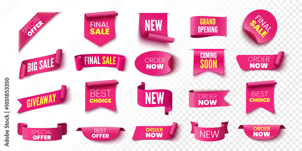 Best choice, order now, special offer sale banners. Pink ribbons, tags and stickers. Vector illustration.