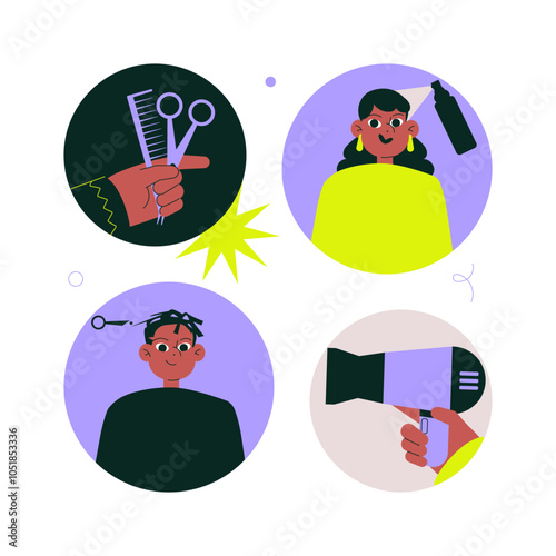 Salon haircut with scissors, comb, and hairdryer in flat vector illustration symbolizing beauty, barber, and hairstyling services