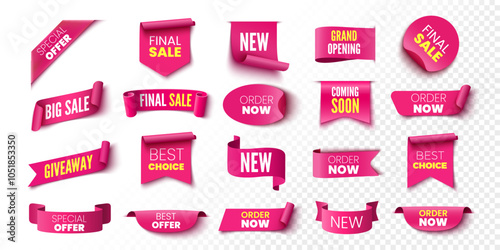 Best choice, order now, special offer sale banners. Pink ribbons, tags and stickers. Vector illustration.