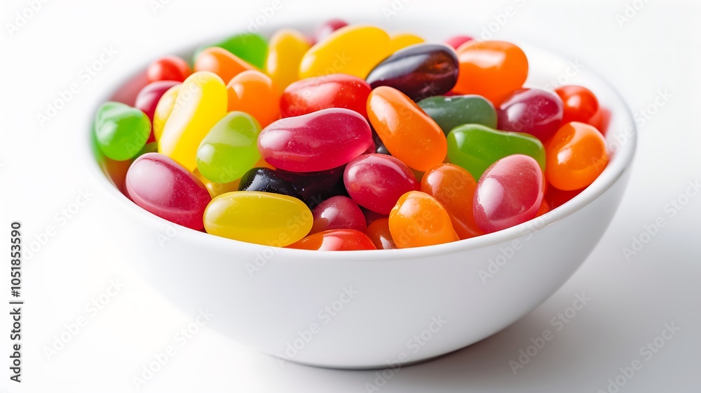 A bowl of colorful jelly beans in bright assorted hues, sharply detailed against a plain white background A bowl of colorful jelly beans in bright assorted hues, sharply detailed against a plain white background