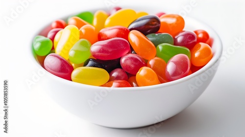 A bowl of colorful jelly beans in bright assorted hues, sharply detailed against a plain white background