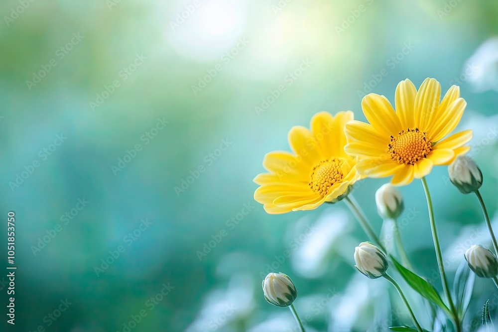 Vibrant yellow daisy blooms amidst delicate white buds, set against a blurred emerald green backdrop, evoking serene springtime beauty with generative ai Vibrant yellow daisy blooms amidst delicate white buds, set against a blurred emerald green backdrop, evoking serene springtime beauty with generative ai