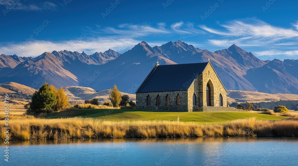 Church landscape mountains reflection water Church landscape mountains reflection water