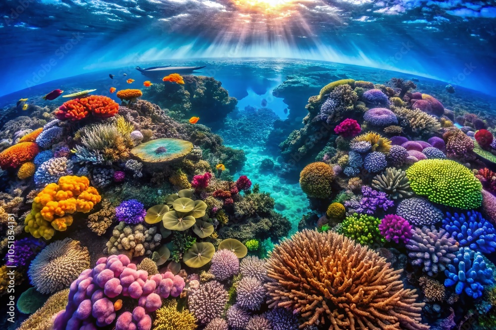 Naklejka premium Breathtaking Coral Reef Underwater Scene with Vibrant Marine Life and Clear Blue Ocean Waters for Nature and Ocean