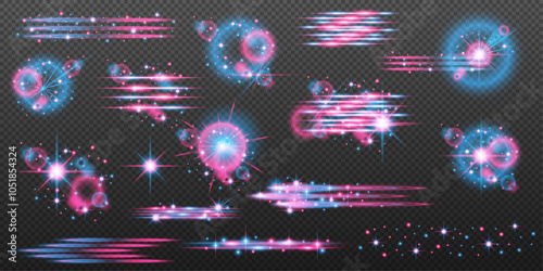 Set Light effects pink blue isolated flare explosion shiny dust line solar flare spark star neon light, vector effect	