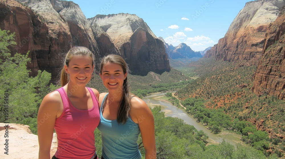 Naklejka premium Two young women smiling in scenic mountain landscape, enjoying hiking adventure and friendship in nature. Outdoor exploration, fitness, and travel experience in canyon setting for tourism