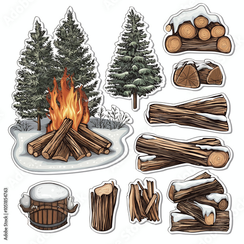 Log Fire & Firewood Die-Cut Vinyl Stickers