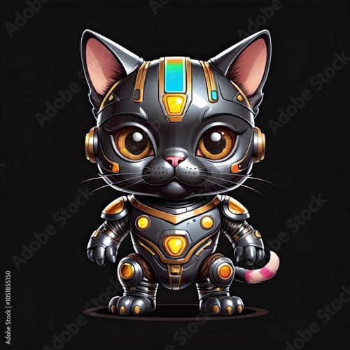 A black cat in a futuristic suit stands on a black background