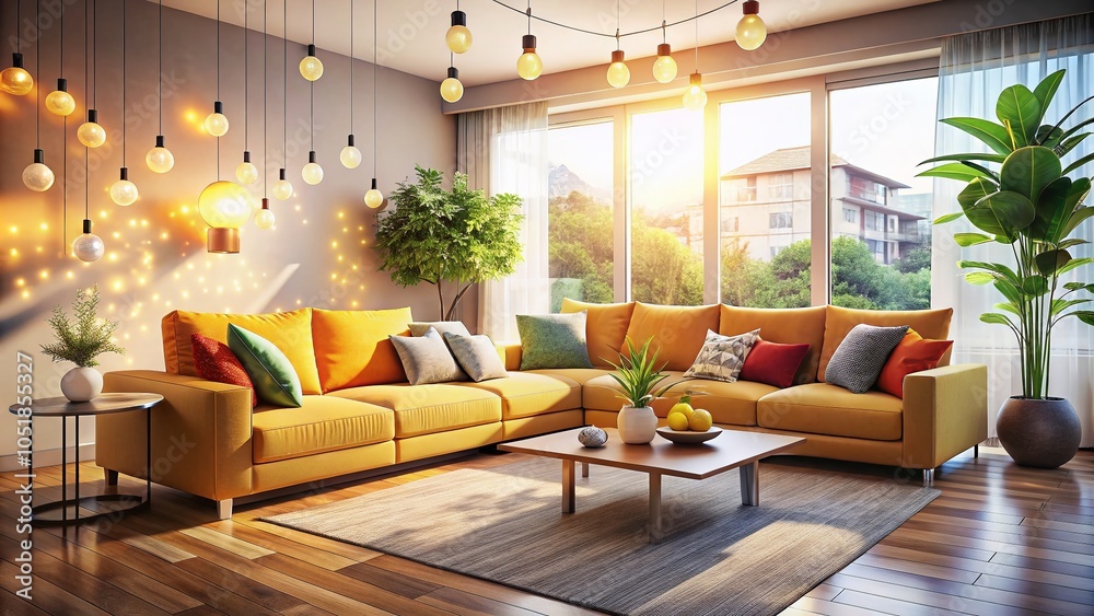 Fototapeta premium Bright Living Room Mockup with Large Corner Sofa and Bokeh Effect for Stylish Interior Design Inspiration